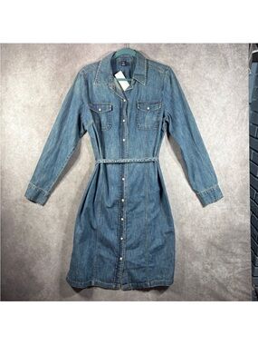 Gap Denim Dress Womens 12 Blue Western Shirt Dress Snap Belted Long Sleeve NEW